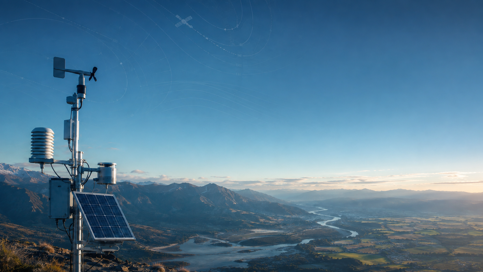 Estación de monitoreo meteorológico con panel solar sobre una cumbre, frente a un valle andino al amanecer