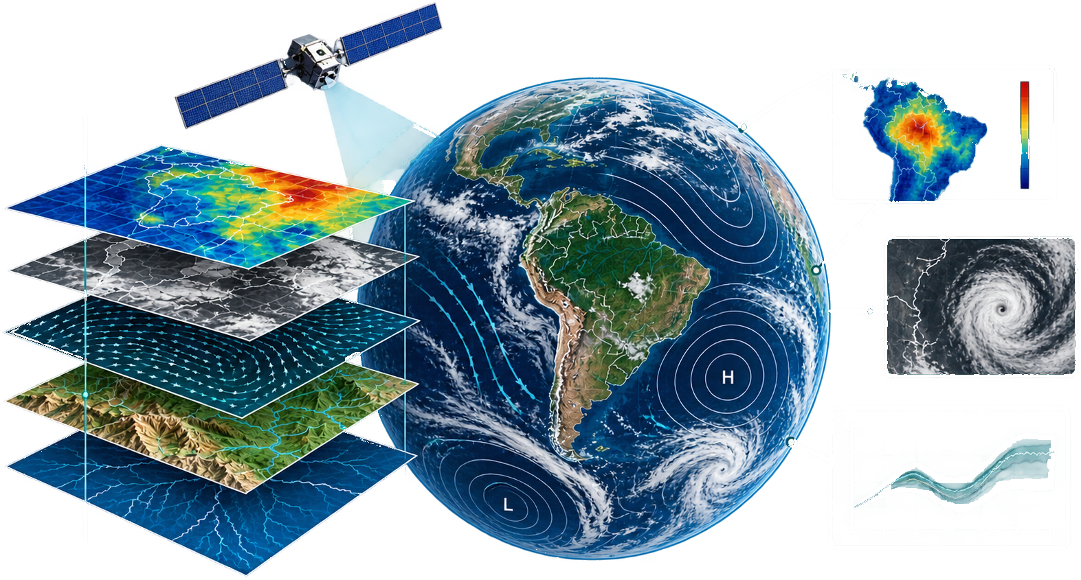 Capas de datos climáticos y geoespaciales, satélite y globo terráqueo con sistemas de presión, conectados a mapas de anomalías, imagen de ciclón y series de proyección