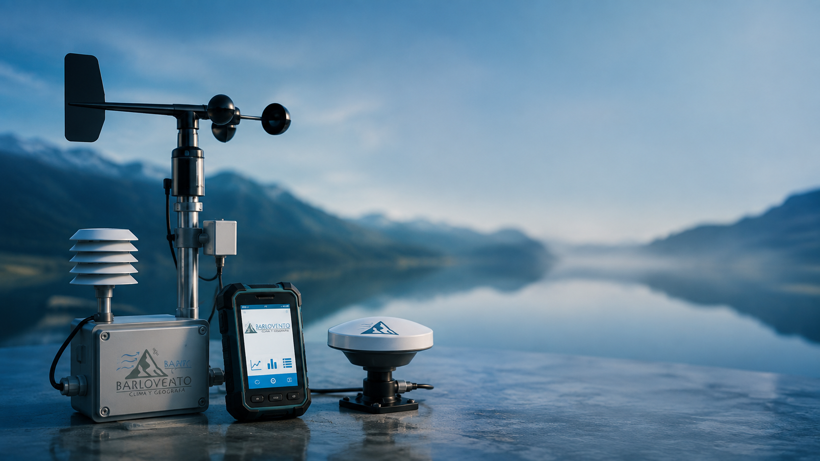 Instrumentos de medición de Barlovento — anemómetro, abrigo meteorológico, receptor GNSS y colector de datos— sobre una superficie frente a un lago de montaña