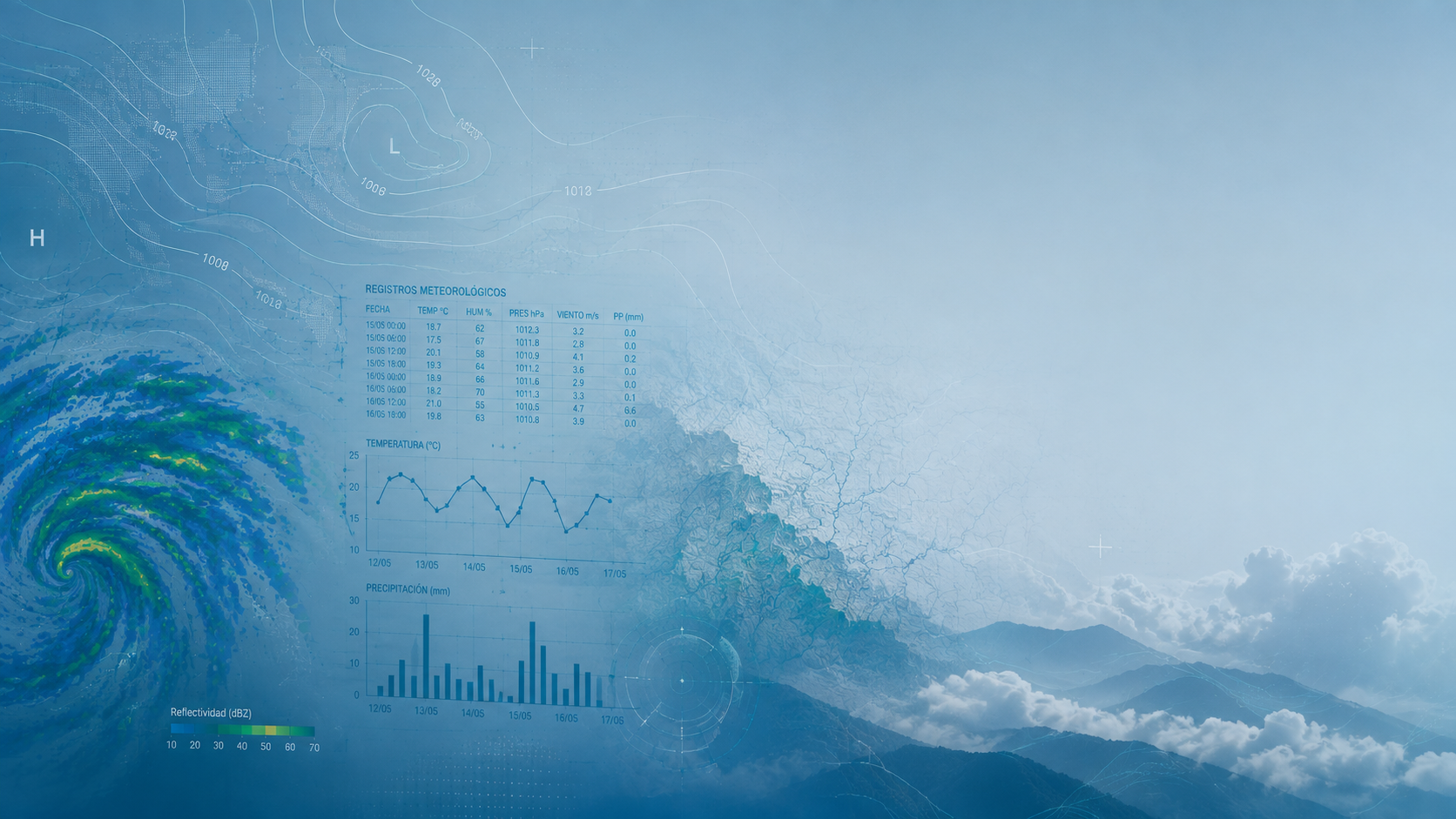 Composición abstracta de capas de datos meteorológicos: isobaras, registros de estación, series de temperatura y precipitación sobre un relieve de montaña